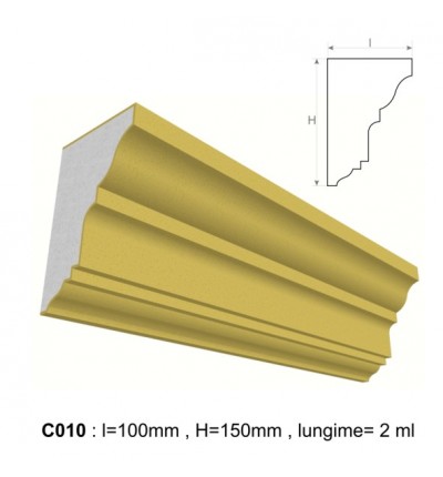 Cornisa decorativa pentru fatada C010 din polistiren expandat laminat cu rasina, dimensiune 100x150mm, lungime 2m.